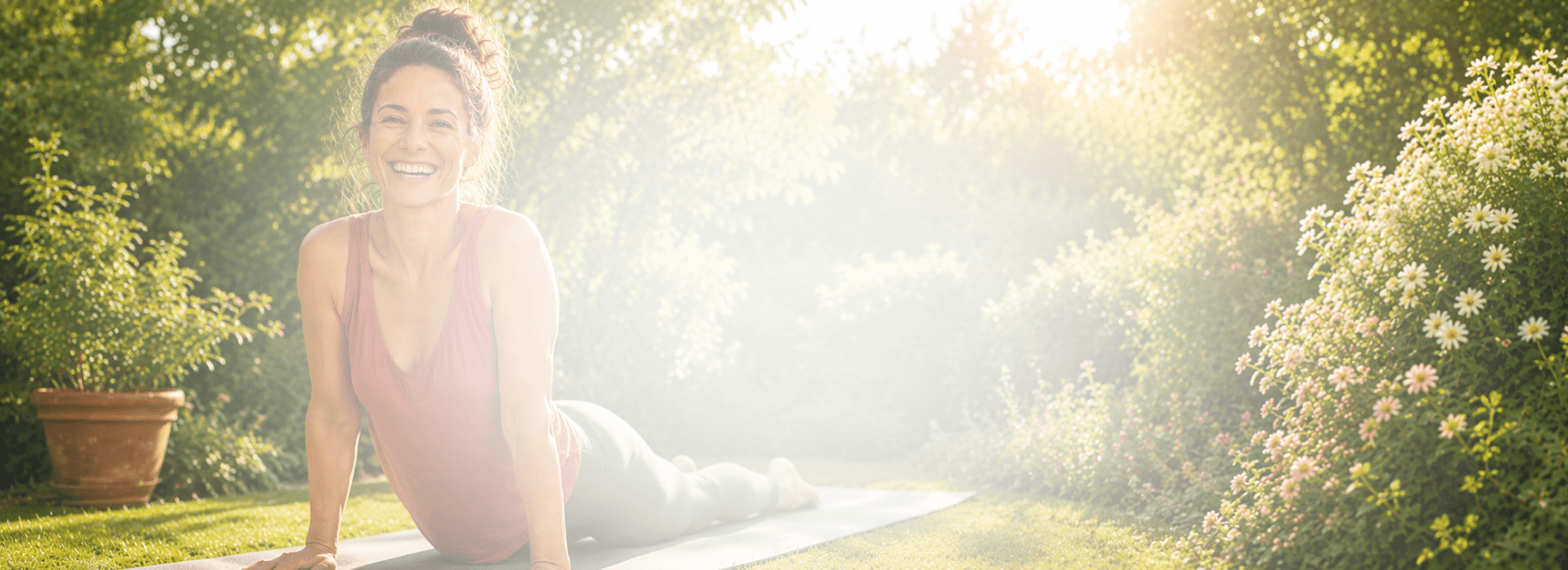 Frau macht Yoga im Sommer-Garten