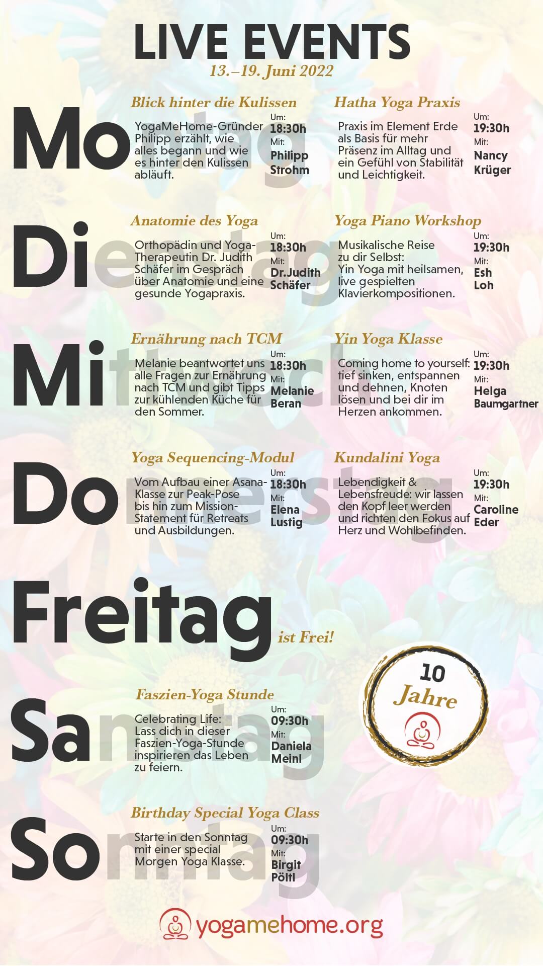 Übersicht Programm: YogaMeHome 10 Jahre Geburtstagswoche