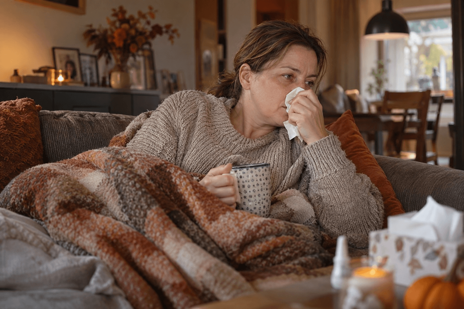 Frau mit starker Erkältung zuhause auf dem Sofa
