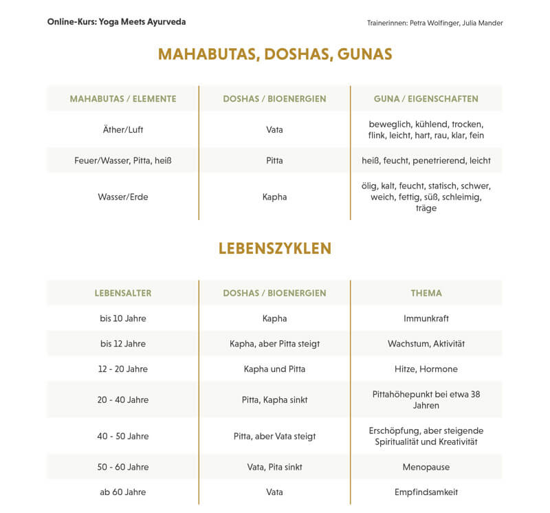 Bild einer Tabelle mit Doshas und Zuordnungen